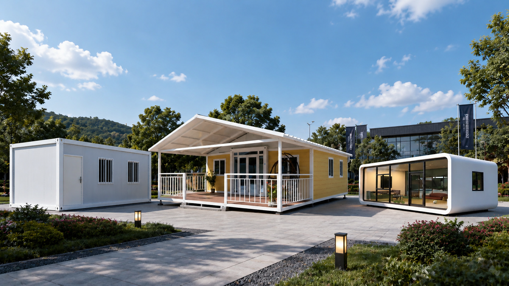 Three modular building product types in a display yard